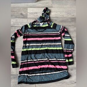 Motherhood  long sleeve hooded v neck striped sweater size maternity medium pink